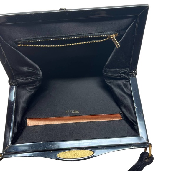 Vintage Block Black Suede Top Handle Shoulder Bag Square Opening Metal Clasp - Picture 6 of 8